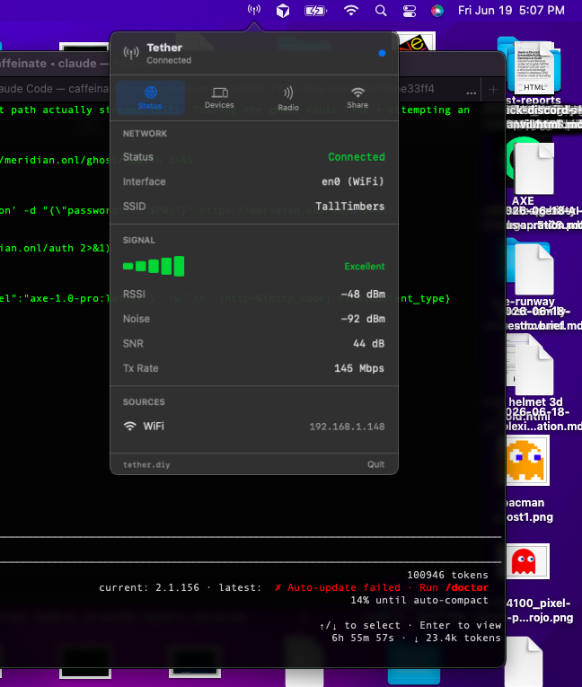 Tether menubar dashboard showing network status, signal strength, and connected devices
